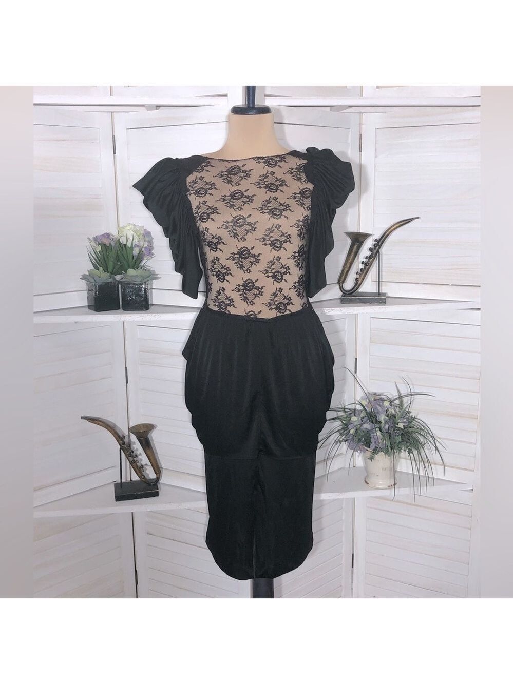 Vintage Black Dress Lace backless Puffed Sleeve whimsigoth dark fairy coquette